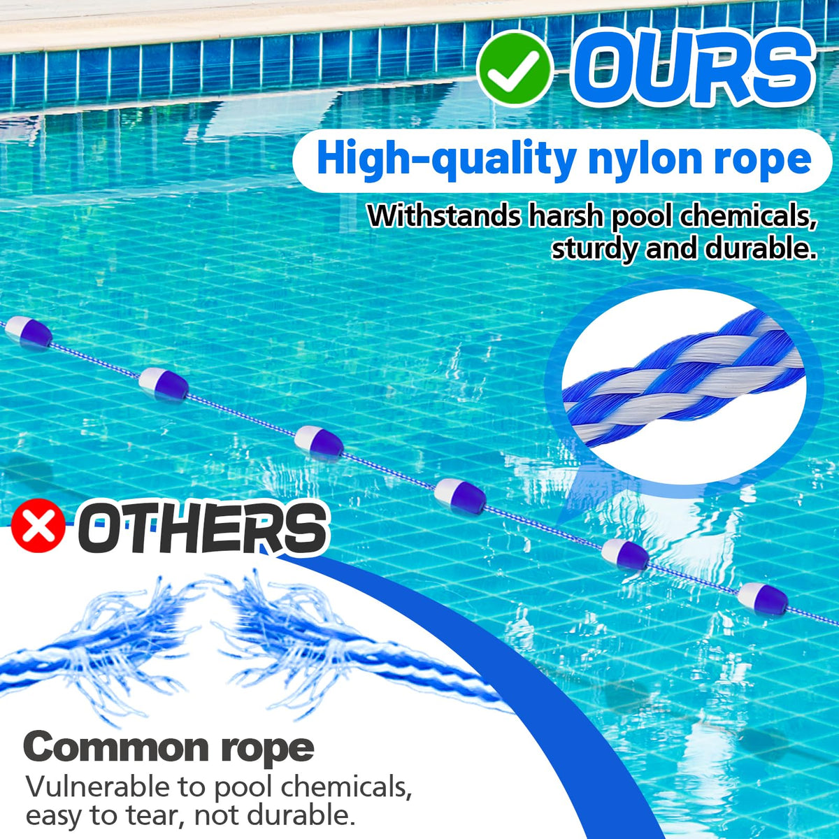 Beeplove pool divider with high-visibility buoys helps swimmers spot boundaries from across the yard.