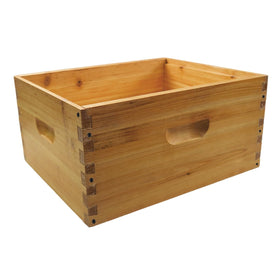 BeeQuestify beeswax coated brood box exterior in durable fir wood for outdoor beekeeping.