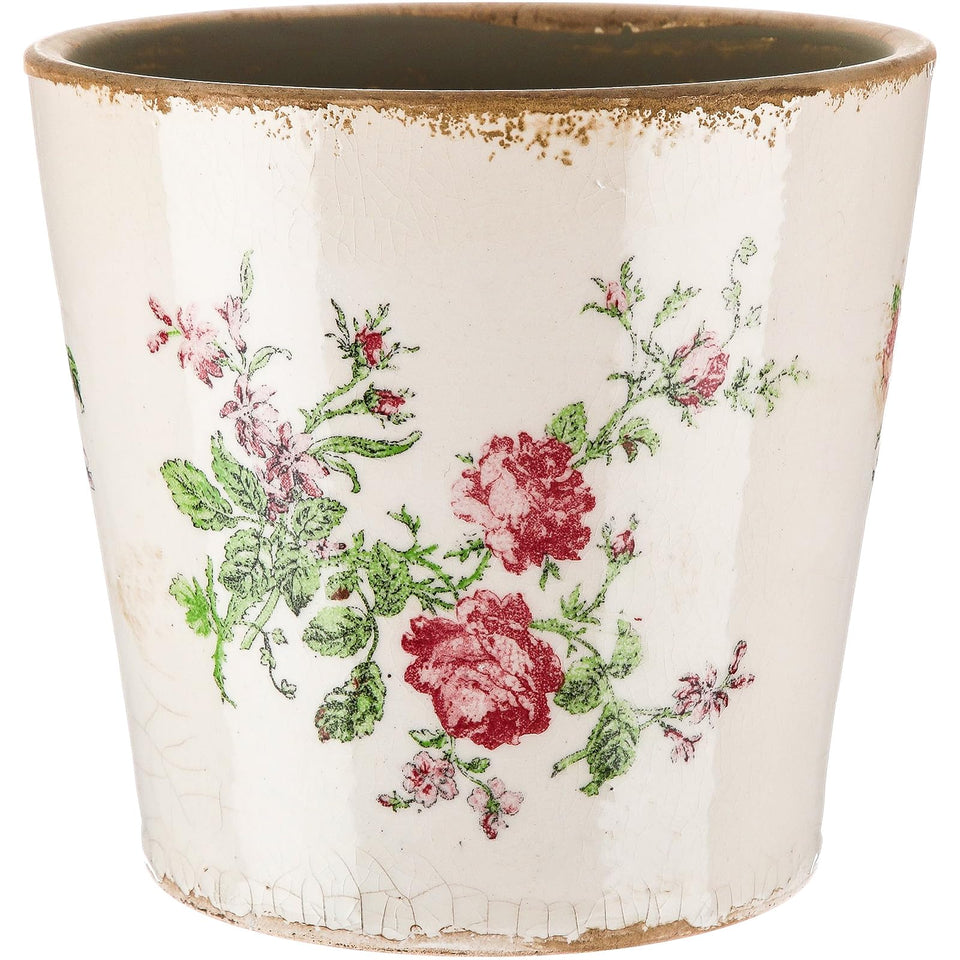 Beeveer ceramic floral pot with ice glaze and pink rose design for stylish indoor decor.