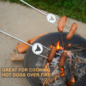Begatter campfire skewers roasting hot dogs with stability and distance.