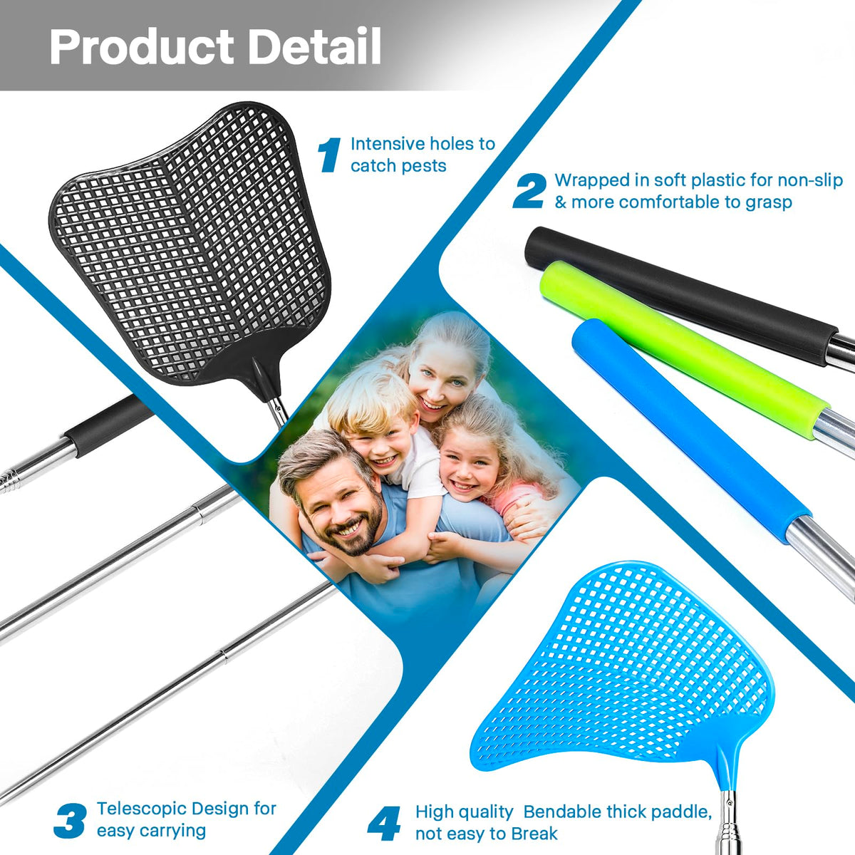 Durable thick plastic paddle with dense holes for efficient swatting.