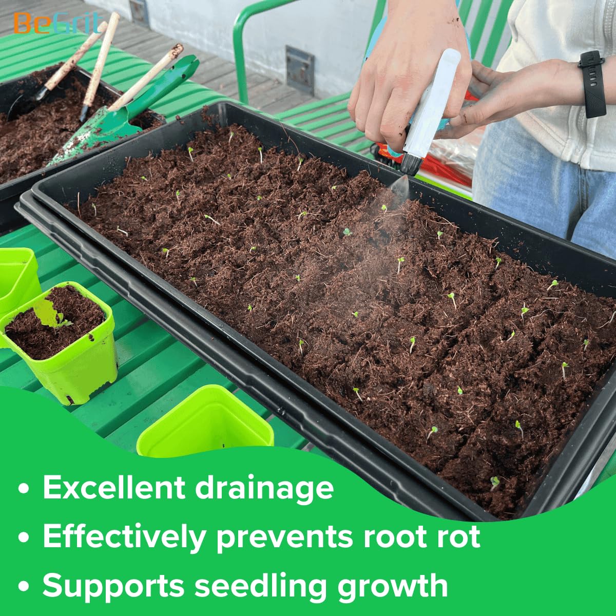 BeGrit mesh-bottom tray promotes airflow to roots.
