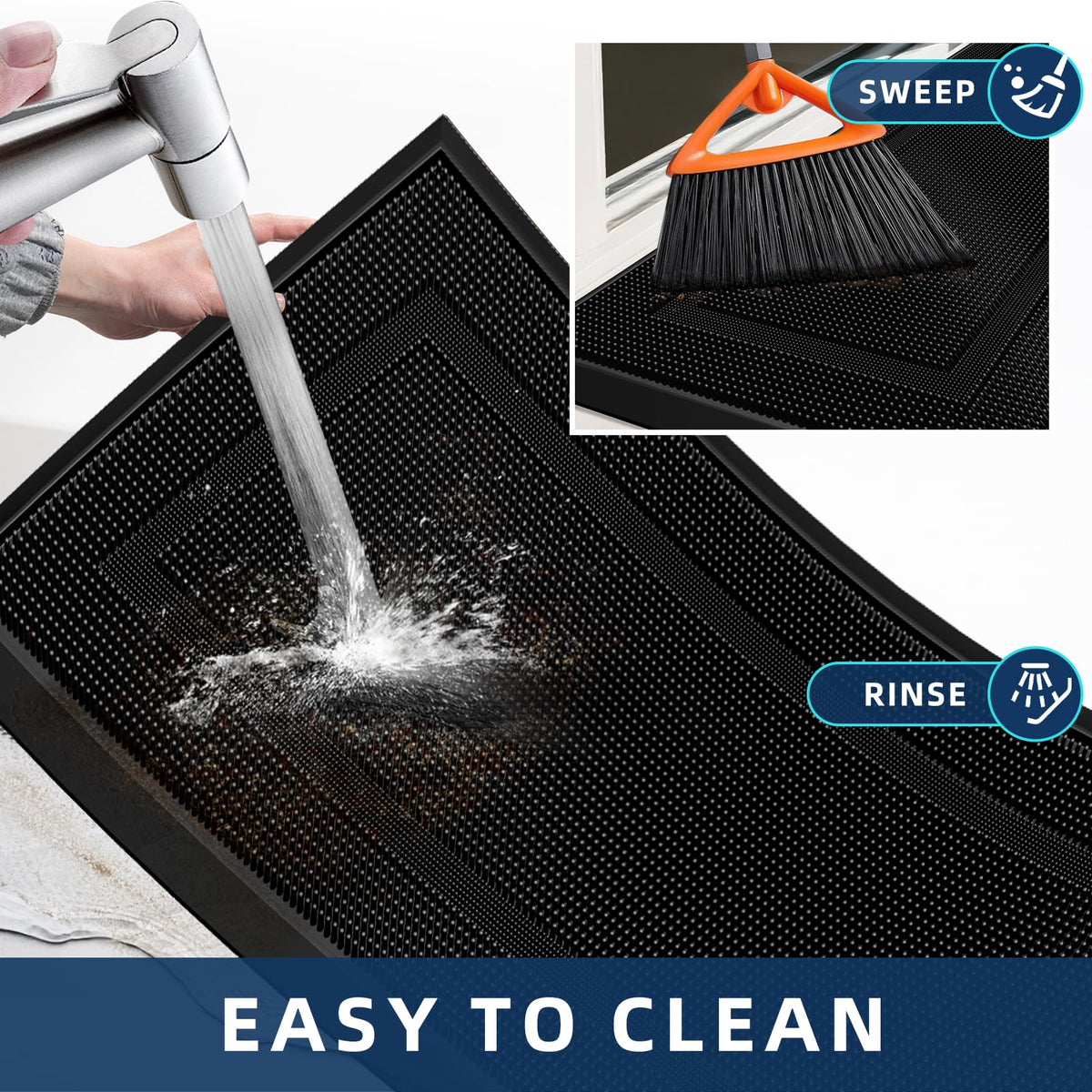 BEHERO waterproof garage doormat withstands rain and grime outside.