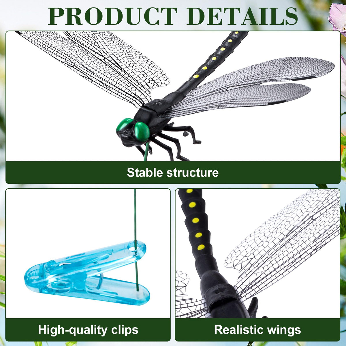 BEIQIYA dragonfly clip three-pack long 32 cm for stable garden accents
