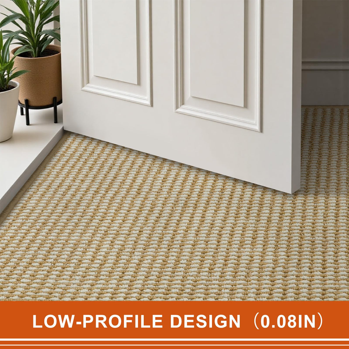 Beige and white woven design complements modern entry décor.