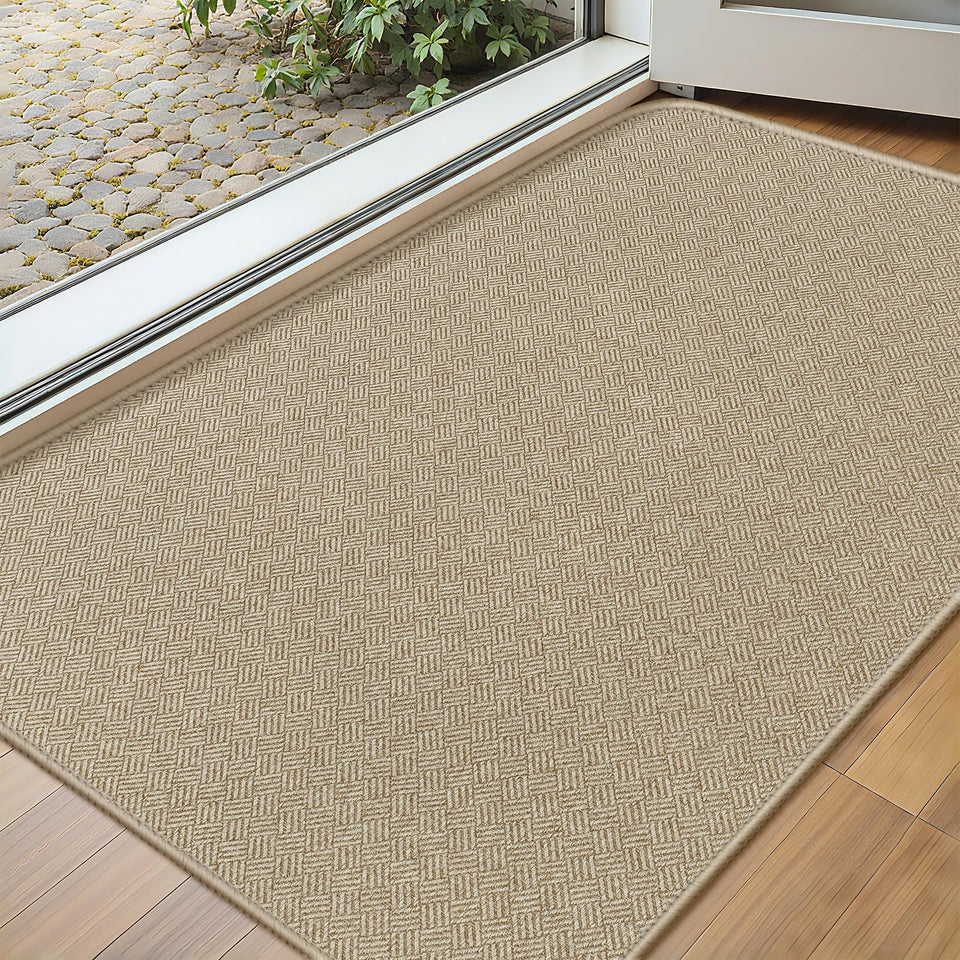 BEISIFLOOR ultra-thin door mat at entry, captures dirt while fitting under doors.