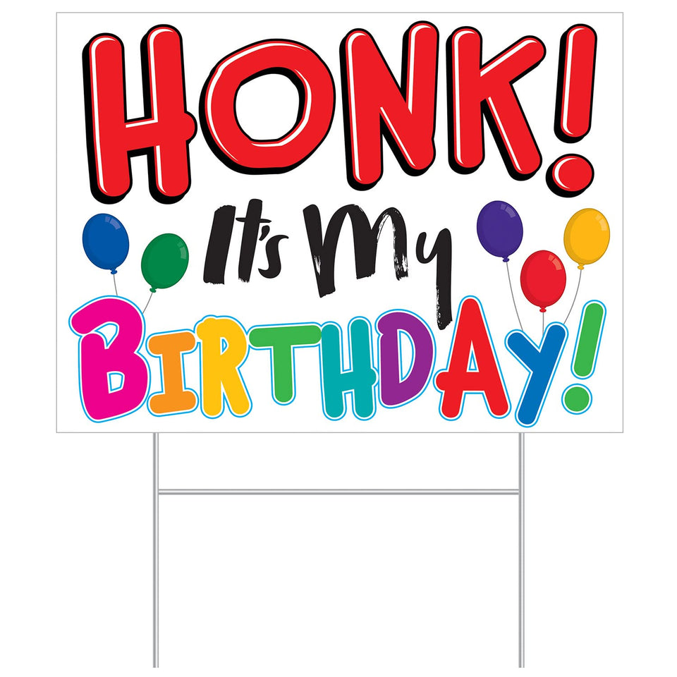 Beistle Honk! It’s My Birthday yard sign with balloons boosts curb appeal.