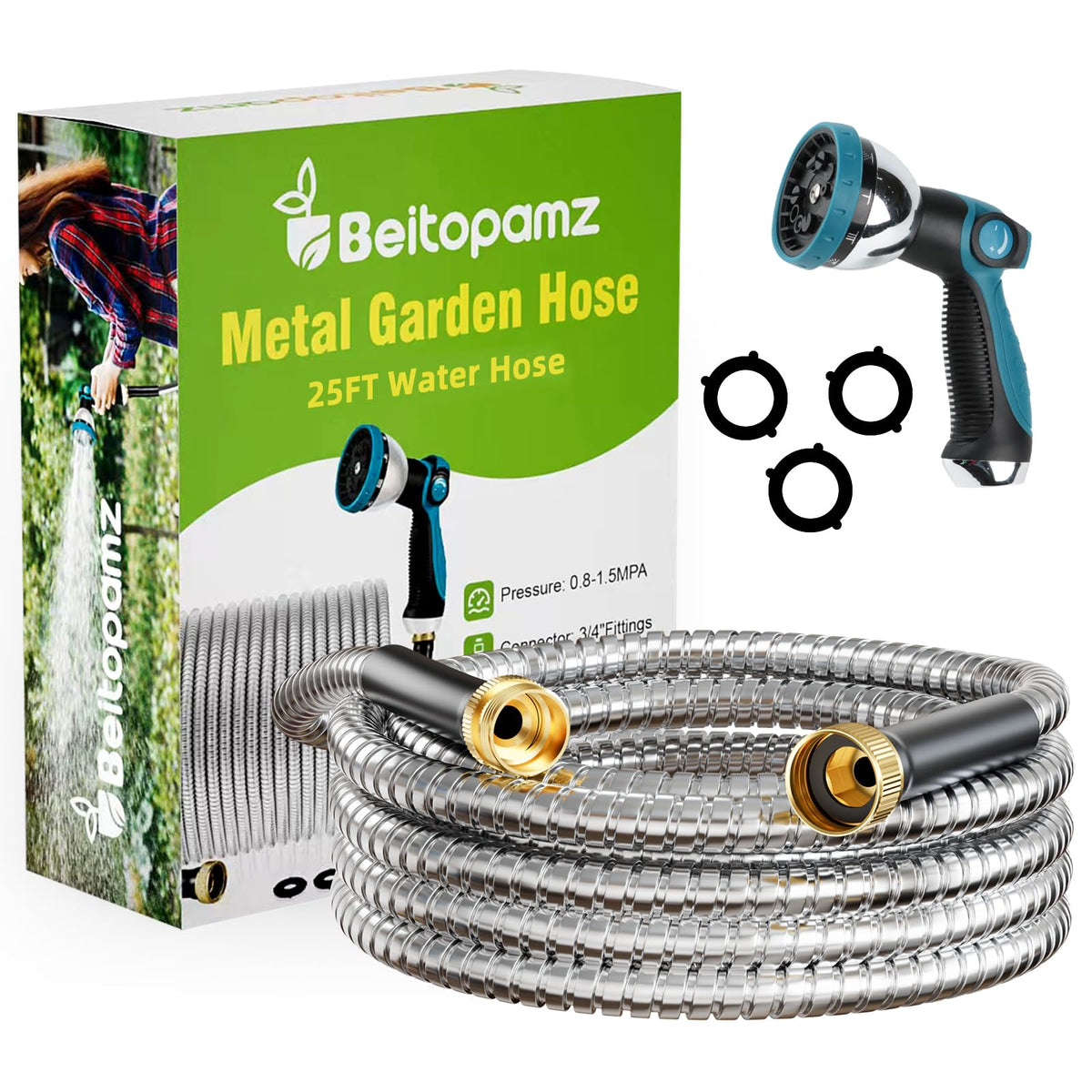 Beitopamz garden hose 25ft metal body shows durable construction for long-lasting use