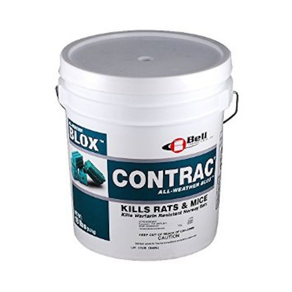 Bell Laboratories Contrac Blox bait blocks for rodent control, effective in diverse conditions.