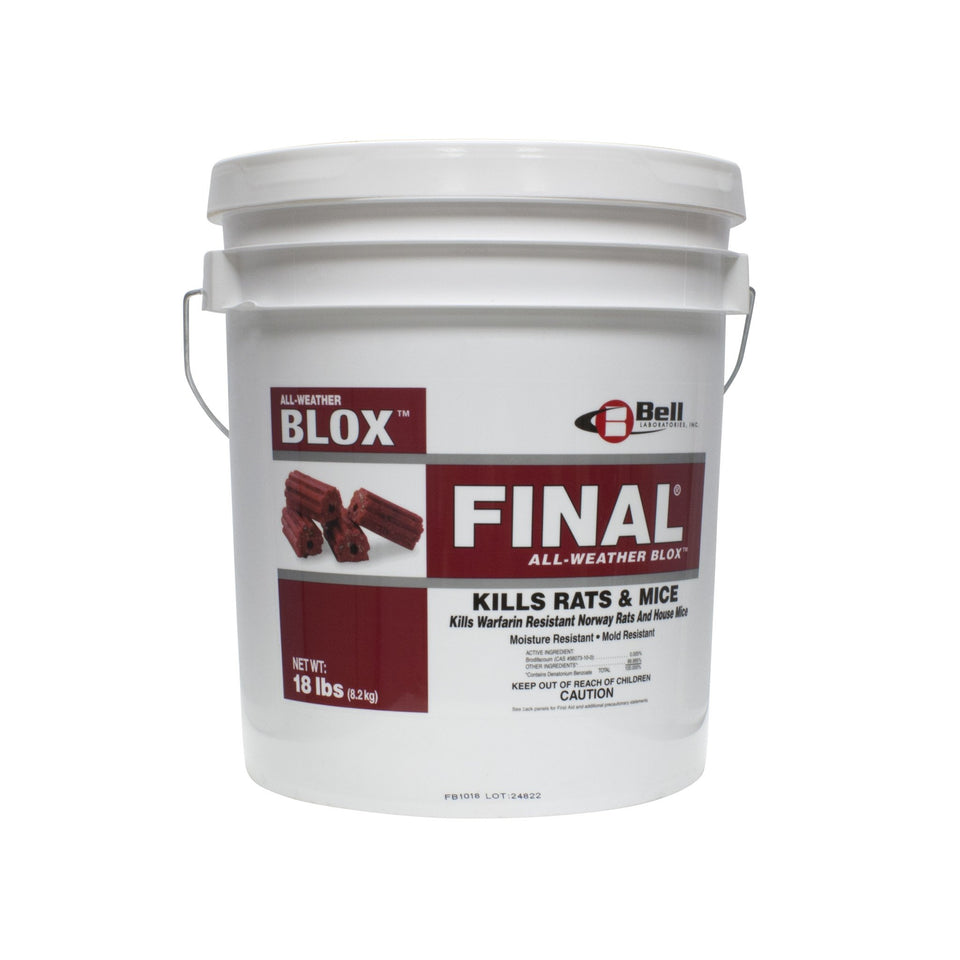 Bell Laboratories Final Blocks Rodenticide 18 lbs package showing block bait for rodent control in commercial settings