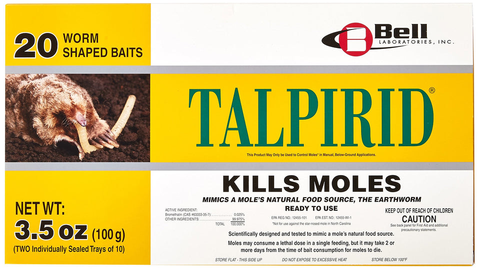 Bell Laboratories Talpirid 7150 mole bait worms in a 20-count pack for lawn use