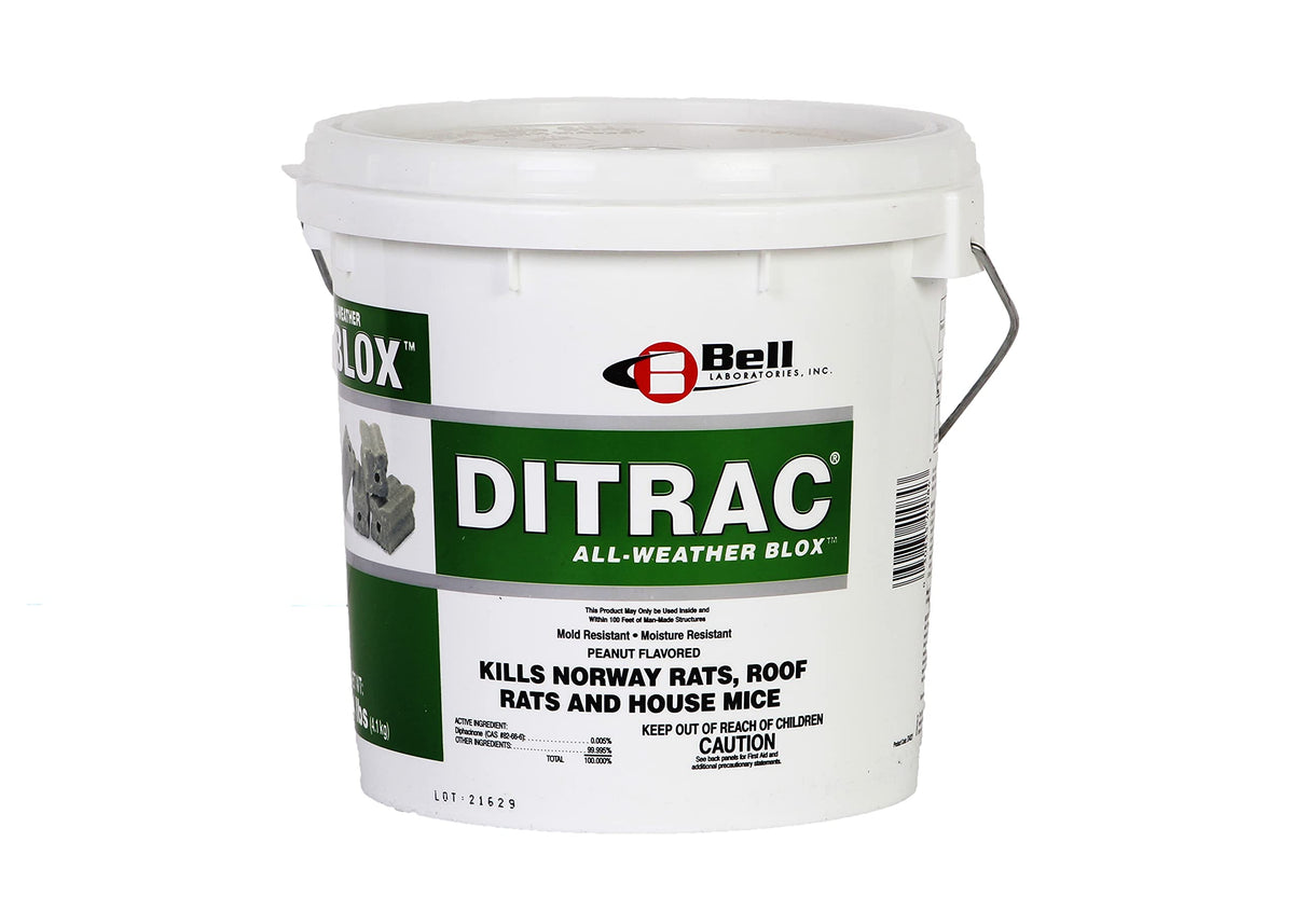 Bell Laboratories Ditrac All-Weather Blox shows durable year-round rodent bait for indoor or outdoor use.