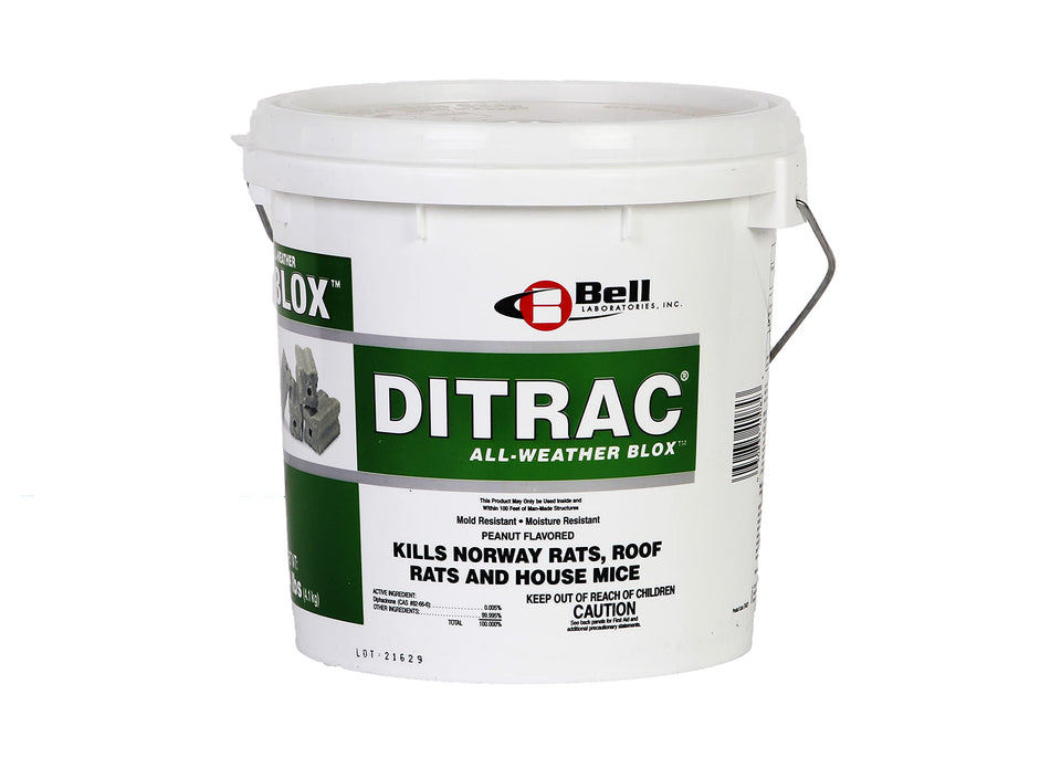 Bell Laboratories Ditrac All-Weather Blox shows durable year-round rodent bait for indoor or outdoor use.