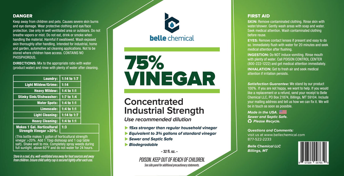 Belle Chemical 75% vinegar bottle closeup highlighting high concentration for industrial cleaning.