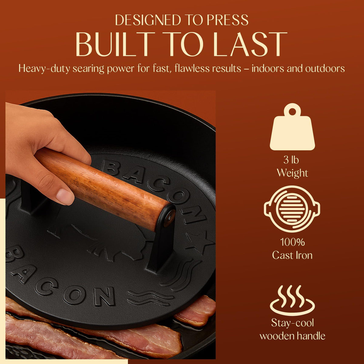 Bellemain cast-iron press with 3 lb weight for consistent patty thickness.