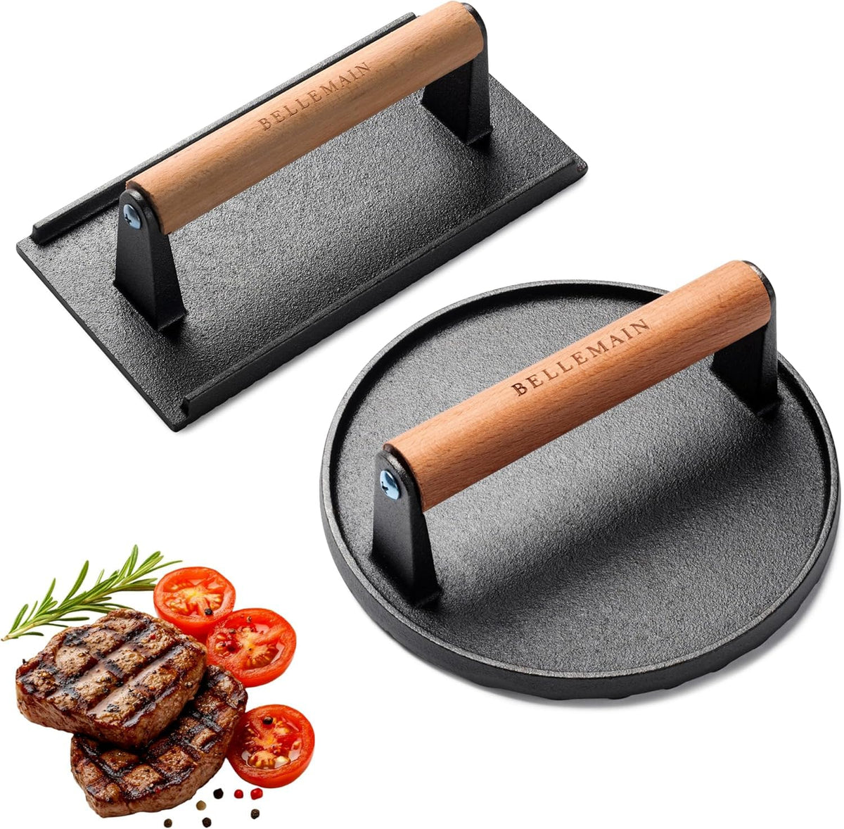 Bellemain heavy-duty cast iron grill press on a hot griddle for an even sear