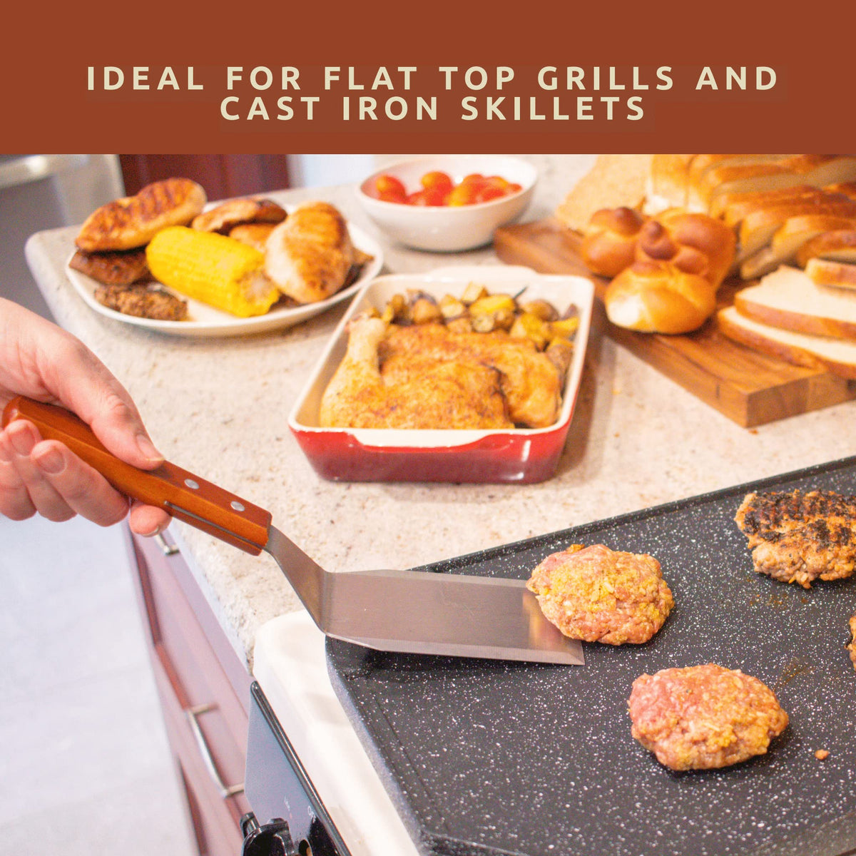 Bellemain spatula shown on cast iron or griddle for versatile cooking.