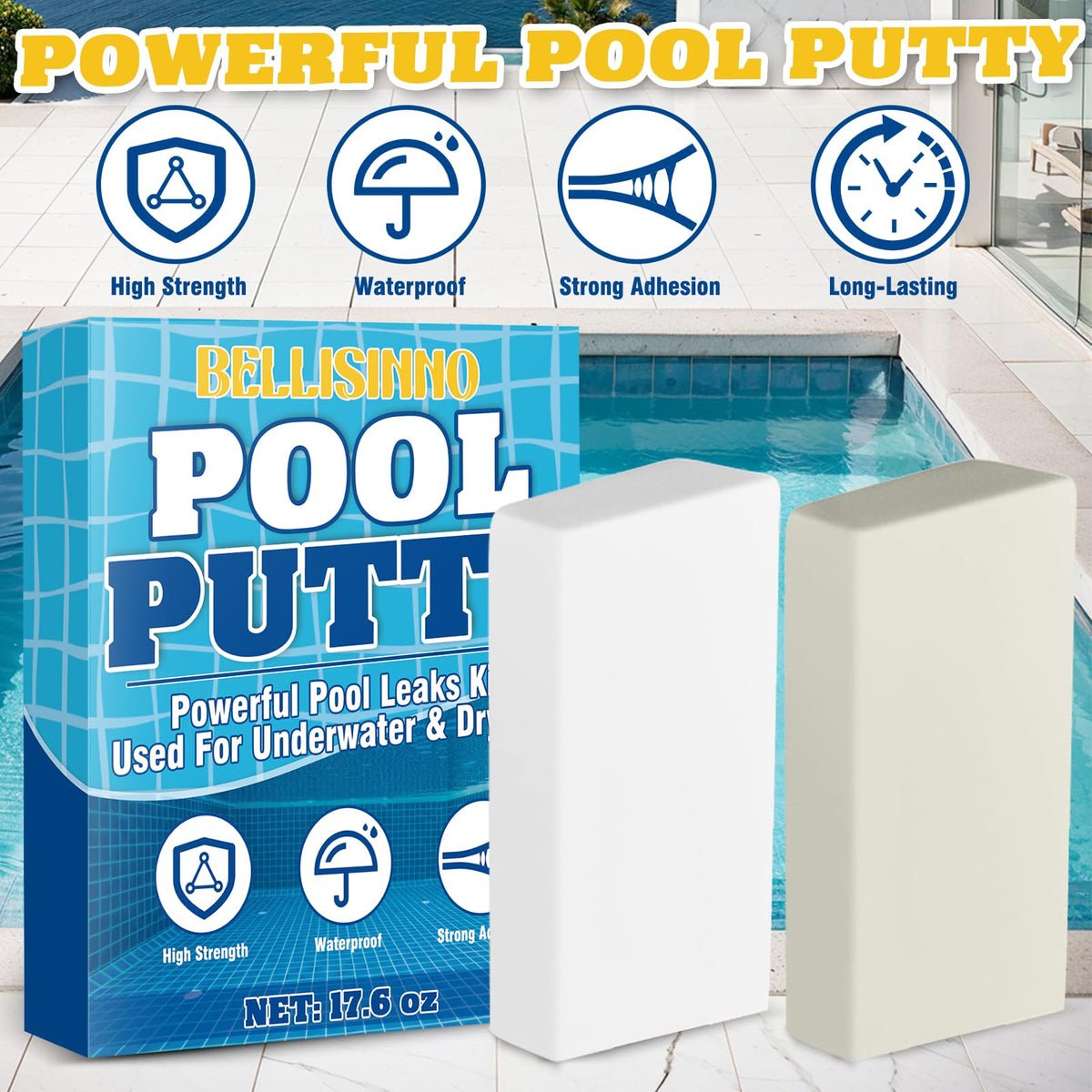 Bellisinno pool putty seals crack in tile surface