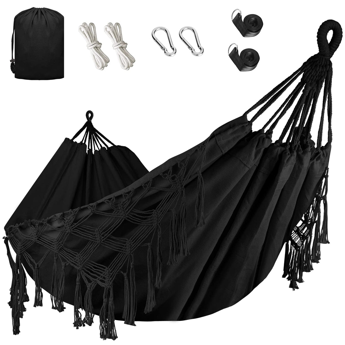 Bellzacasa Double Hammock with heavy-duty canvas demonstrates capacity for two adults outdoors.