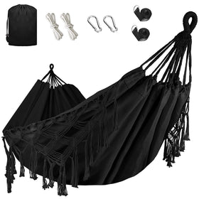 Bellzacasa Double Hammock with heavy-duty canvas demonstrates capacity for two adults outdoors.