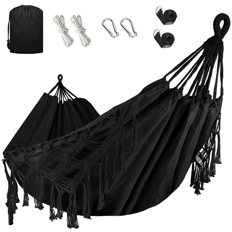 Bellzacasa Double Hammock with heavy-duty canvas demonstrates capacity for two adults outdoors.