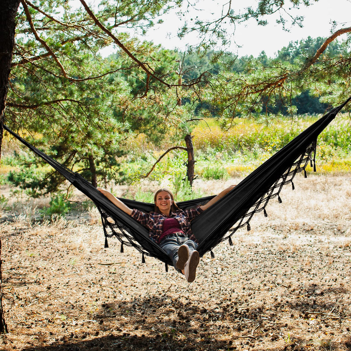 Bellzacasa black hammock ready for camping, patio, or balcony relaxation.