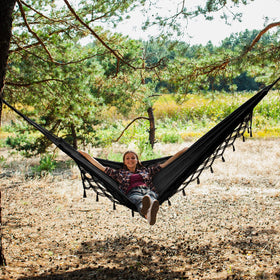 Bellzacasa black hammock ready for camping, patio, or balcony relaxation.