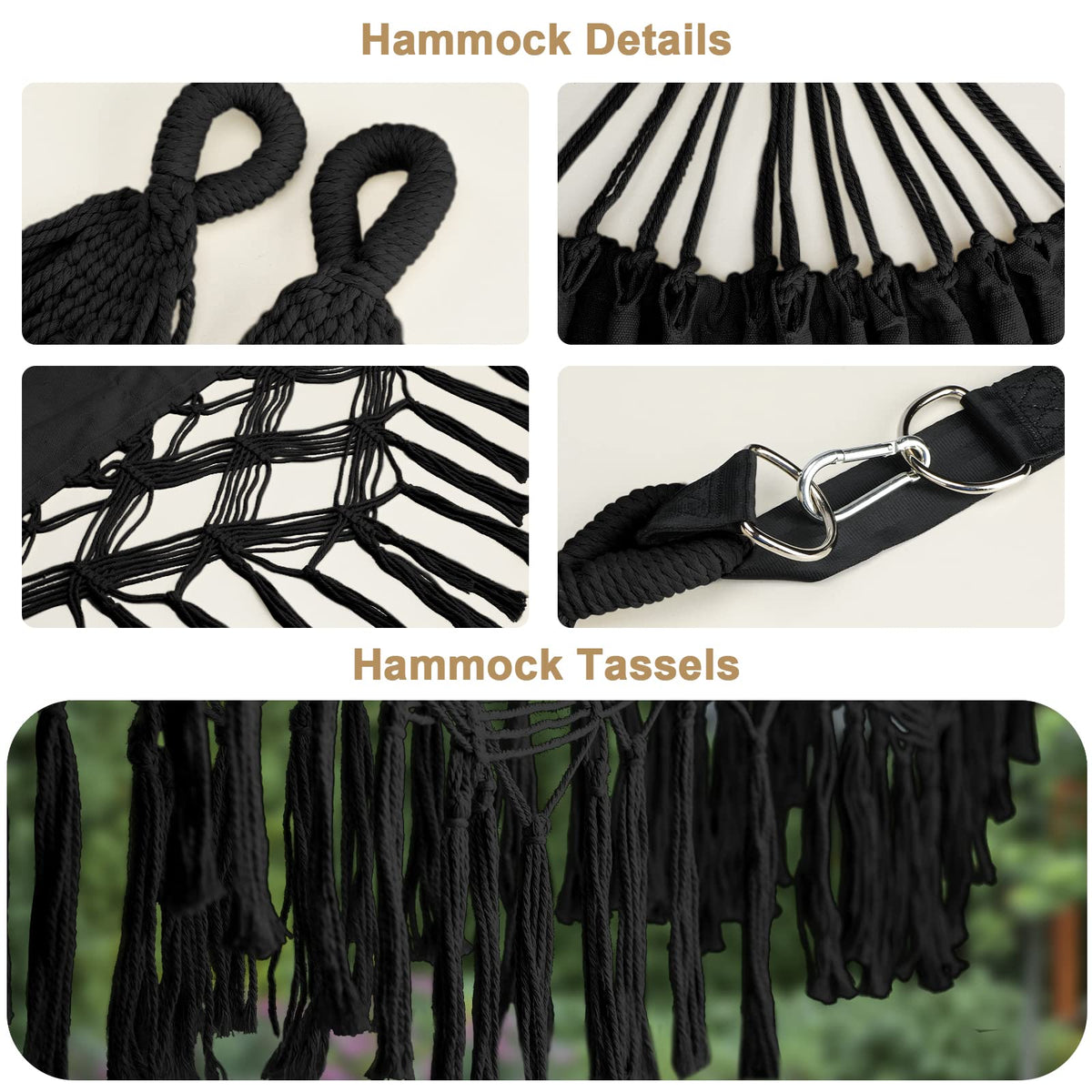 Bellzacasa hammock features fishtail knitting at ends for a stylish, durable look.