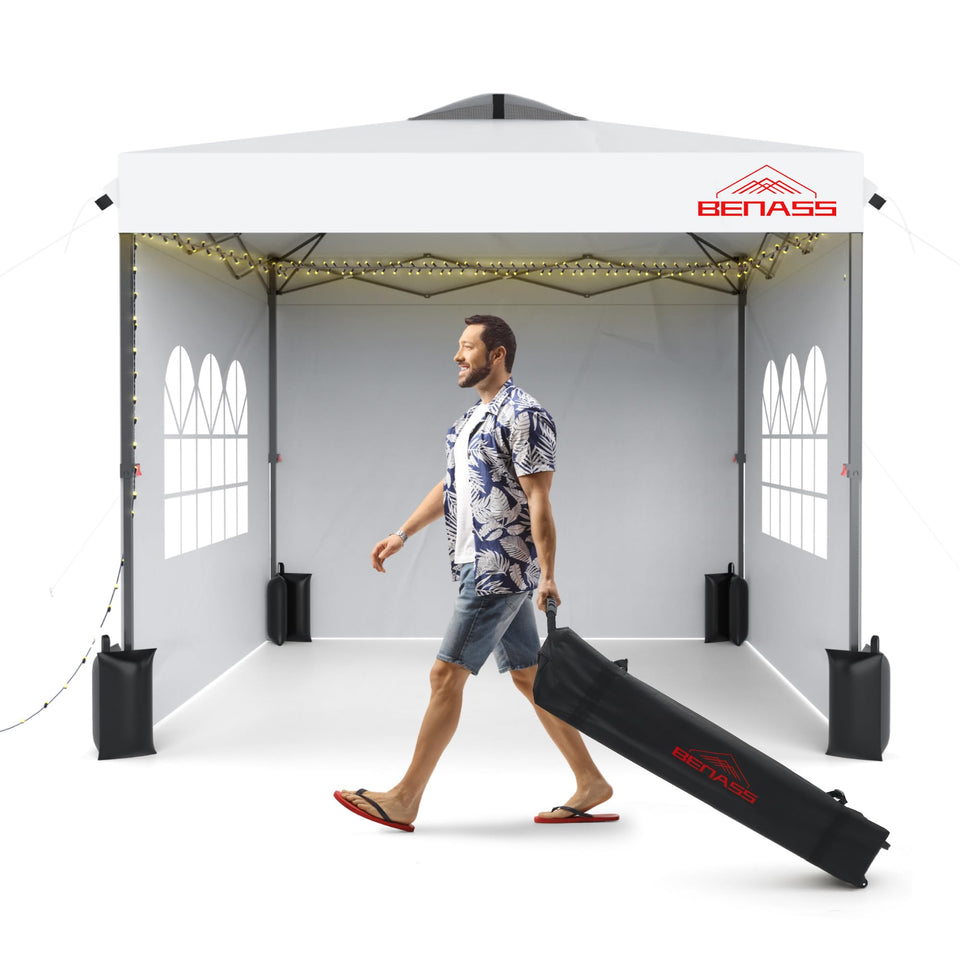 Benass 10x10 pop-up canopy with sidewalls provides instant shade for outdoor parties.