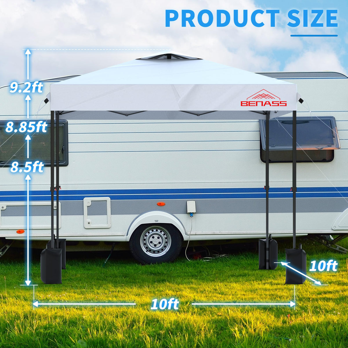 Benass easy-up canopy frame enables quick setup for stress-free events.