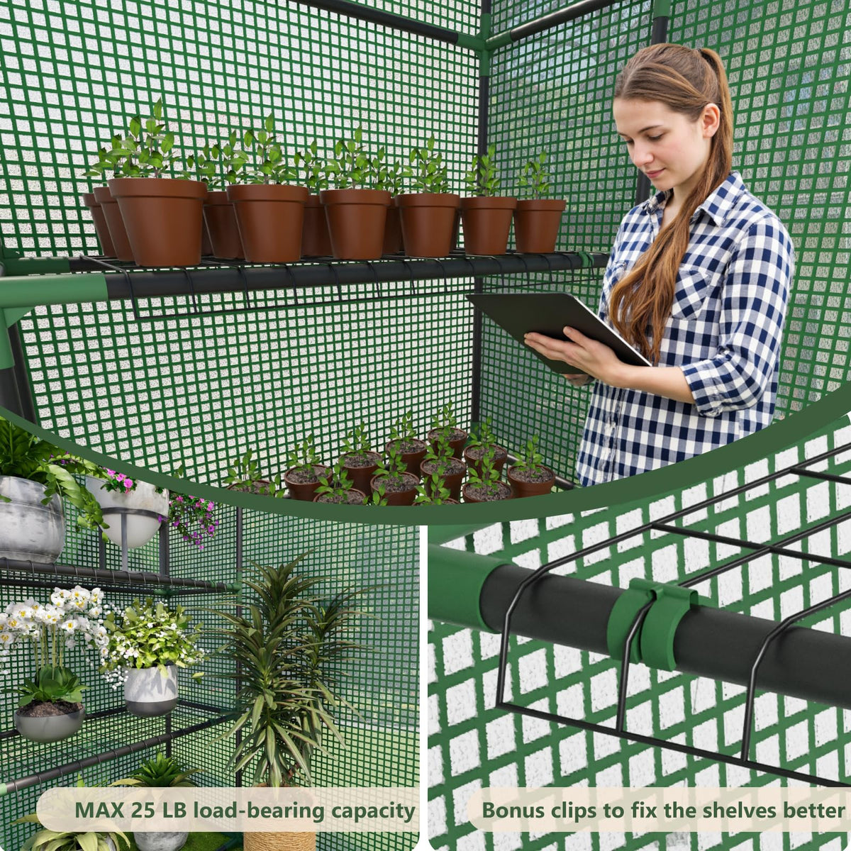Benass greenhouse secured by ground stakes and ropes for stability.