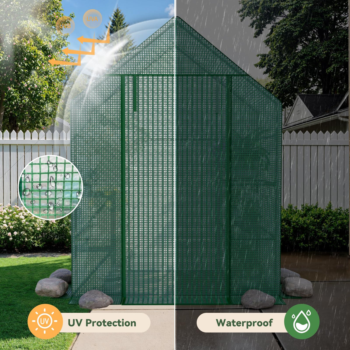 Benass greenhouse includes thermometer and hygrometer for climate monitoring.