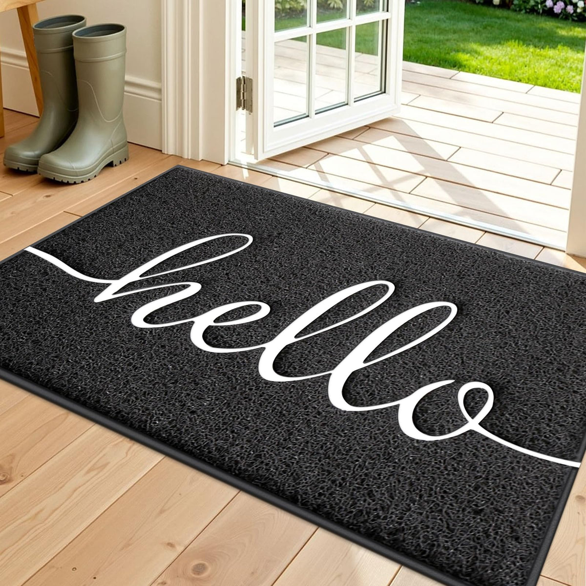 BeneathYourFeet door mat with hello embossing traps dirt at entry