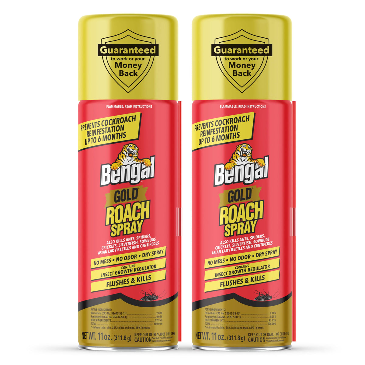 Bengal Gold Roach Spray front label showing odorless, stain-free indoor protection.