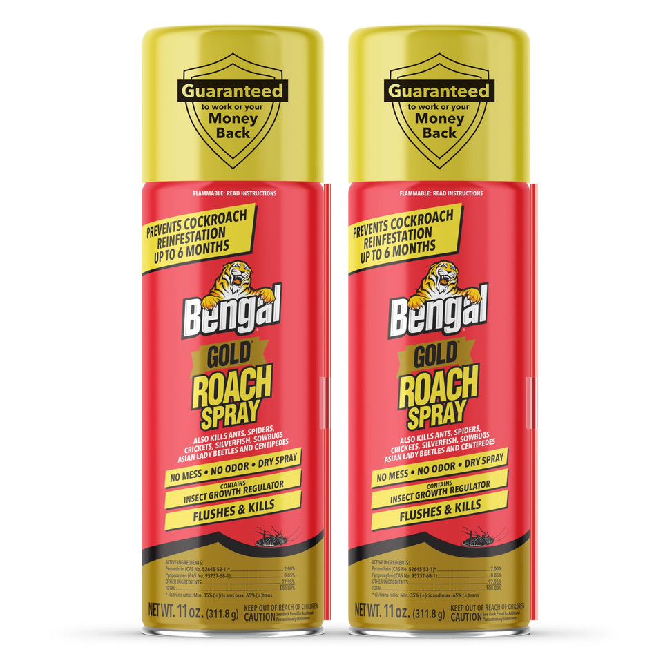 Bengal Gold Roach Spray front label showing odorless, stain-free indoor protection.