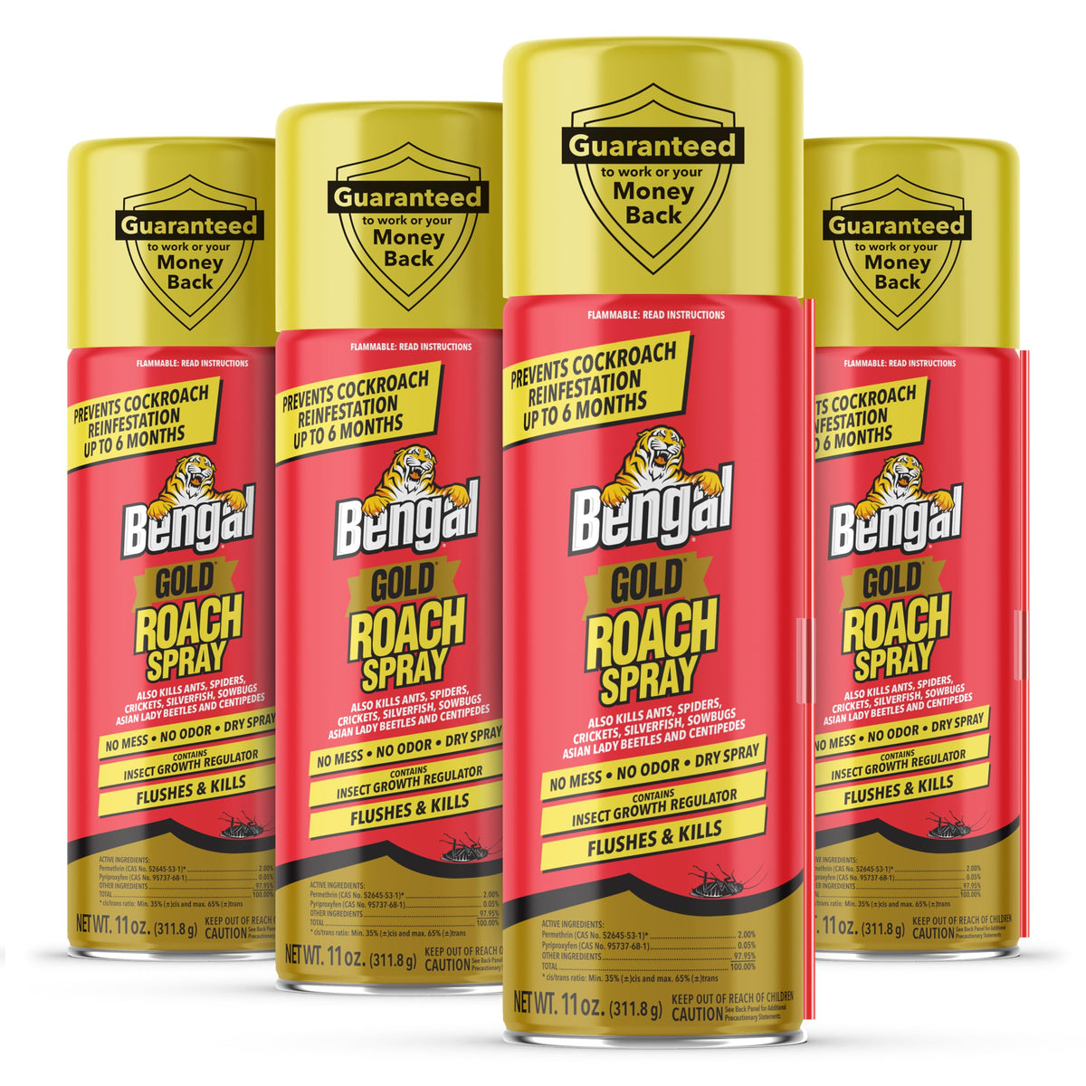 Bengal Gold Roach Spray front label shows odorless, long-lasting protection.