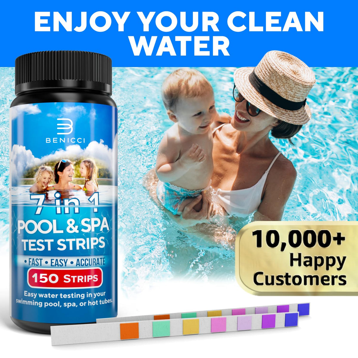 Benicci above-ground pool testing scene emphasizes home use.
