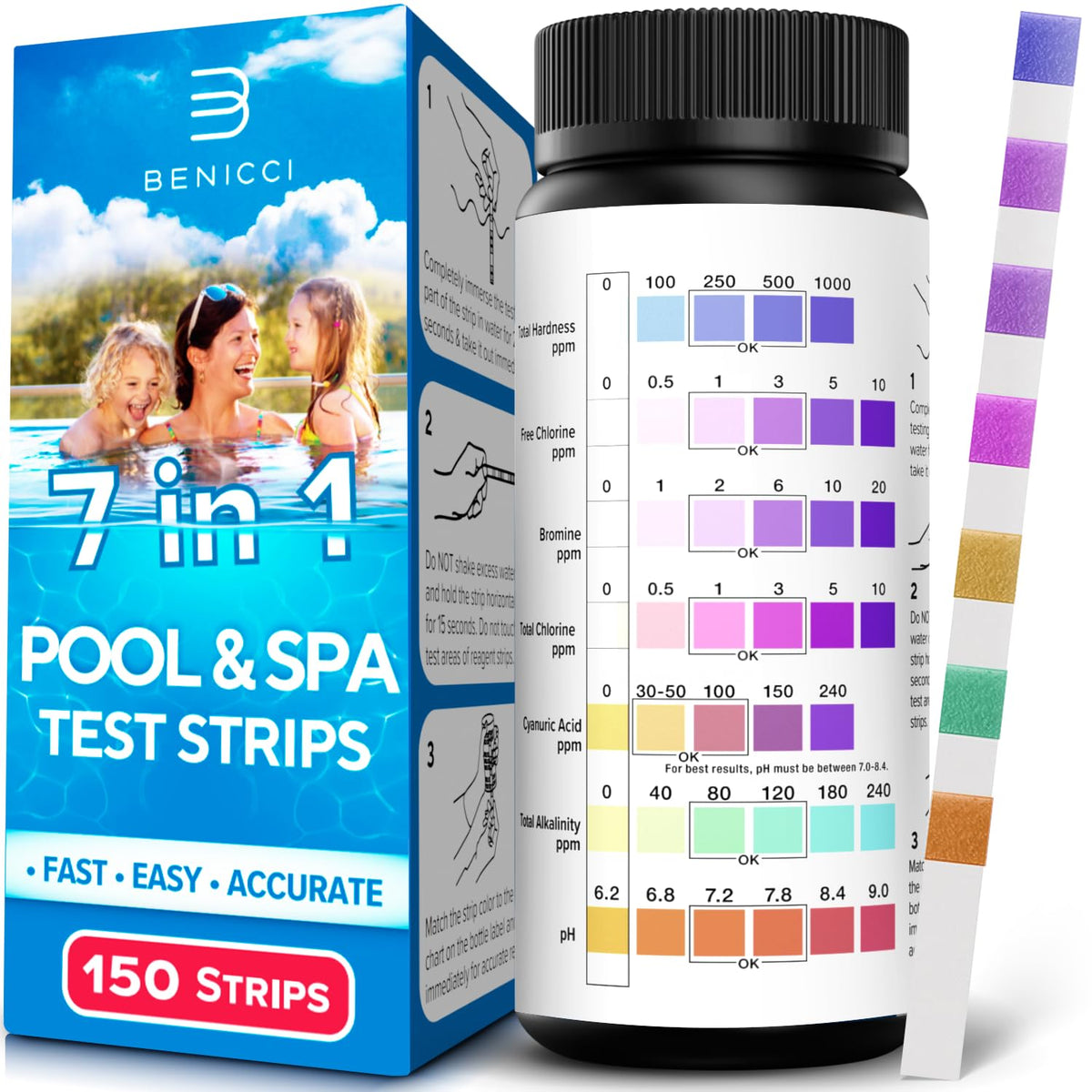 Benicci 7-in-1 test-strip bottle front for quick water checks.