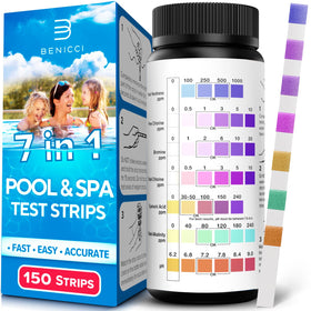 Benicci 7-in-1 test-strip bottle front for quick water checks.