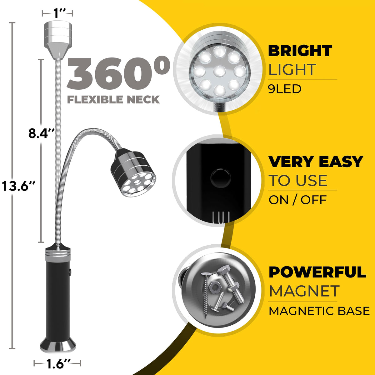 Benicci extended gooseneck 8.4-inch lets you direct light precisely.