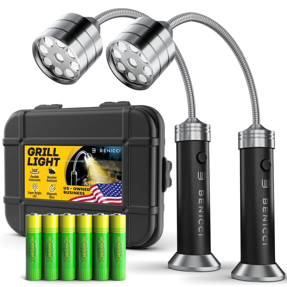 Benicci flexible LED BBQ grill light with 360° magnetic base shines on any grill.