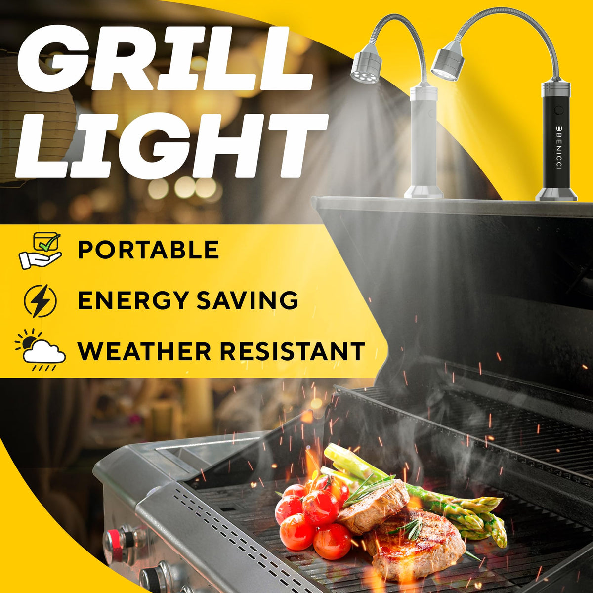 Benicci grill light with gooseneck provides adjustable illumination for precise cooking.