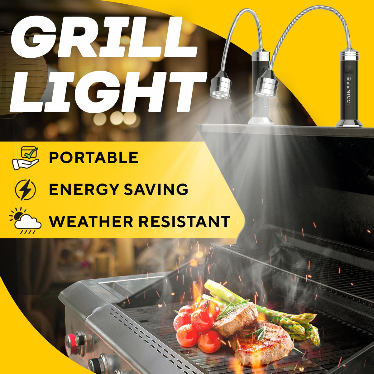 Benicci magnetic base BBQ light attaches securely to metal surfaces for versatile grilling.