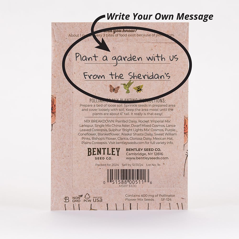 Bentley Pollinator Mix packet side, clearly labeled as non-GMO and non-coated