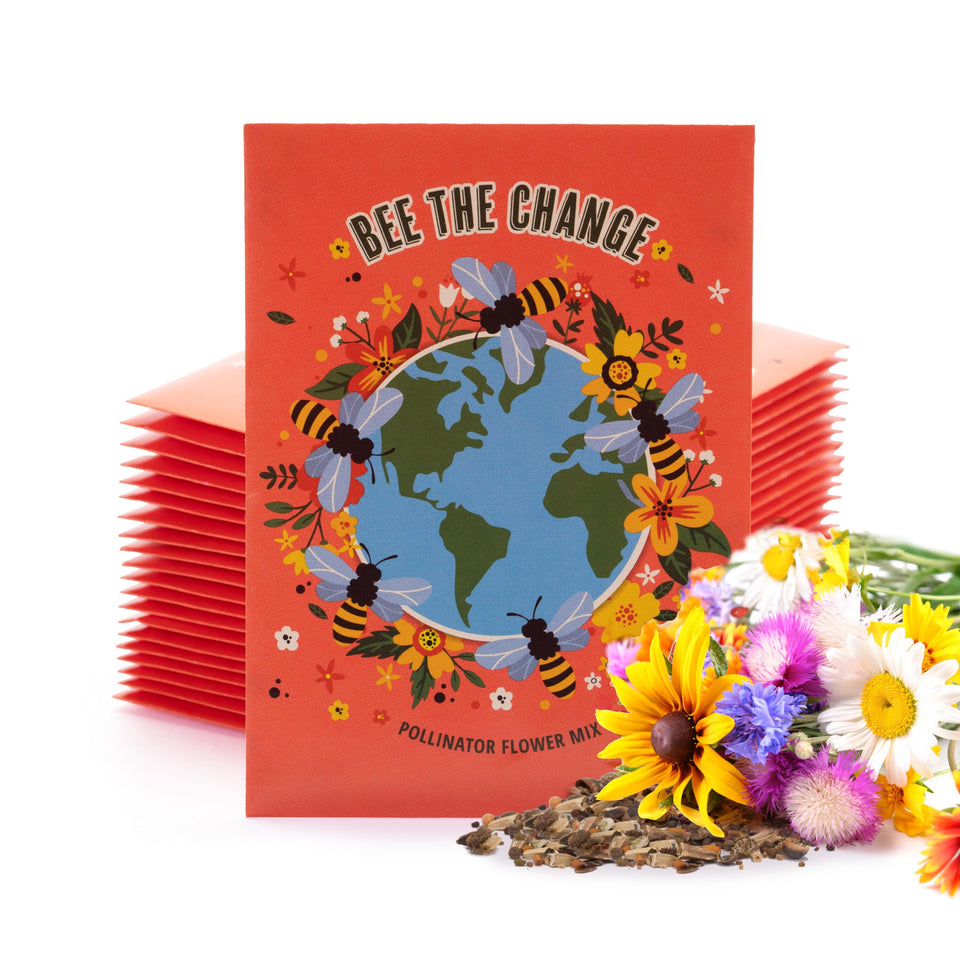 Bentley Seed Co. Bee The Change orange packets designed for events and client gifts.