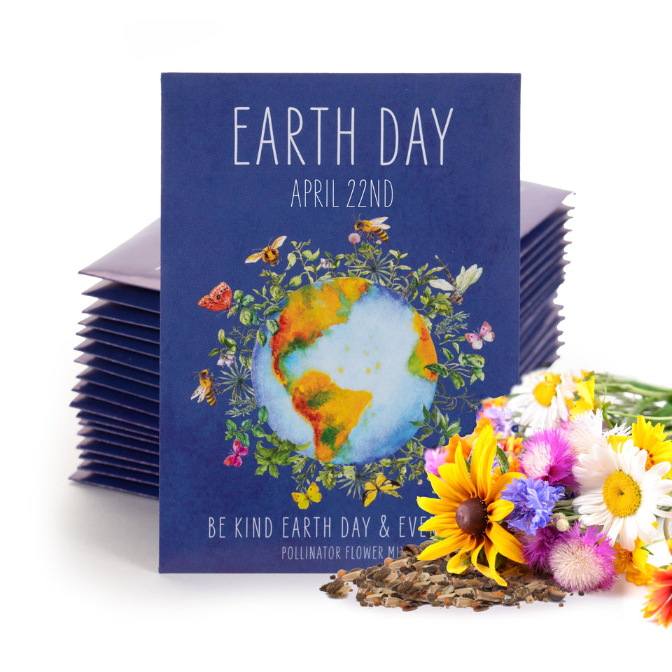Bentley Seed Co Earth Day planet pollinator illustration seed packets for eco-friendly gardens