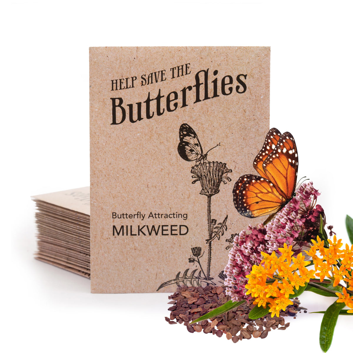 Bentley Seed Co milkweed packet front label on natural kraft packaging for eco-friendly favors