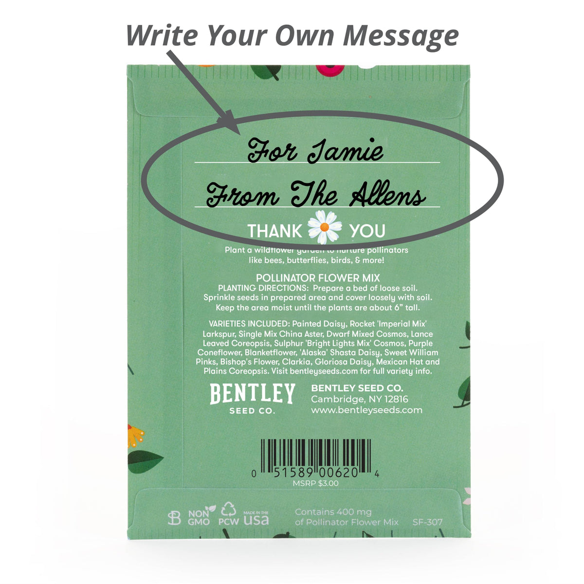 Bentley Seed Co. Thank You Packet full-sun garden scene with thriving blooms.