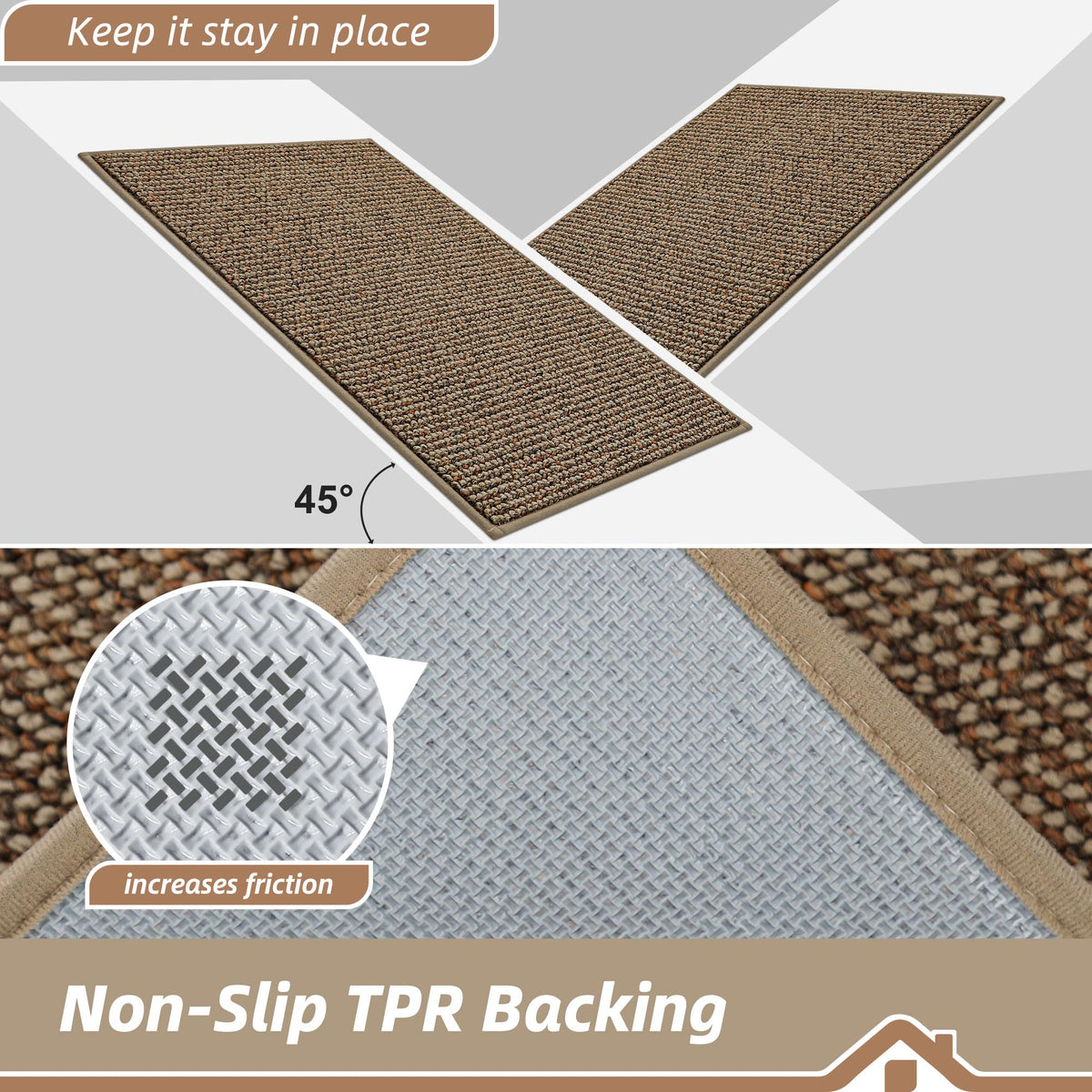 Non-slip backing grips dry floors for added safety in entryways.
