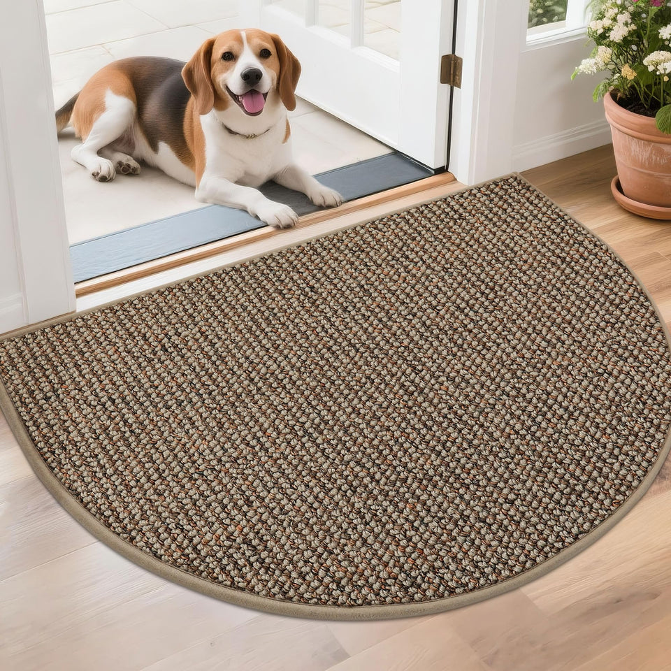 BEQHAUSE Dirt Trapper semi-circle mat in taupe traps dirt at the doorway.